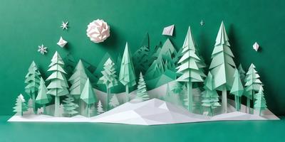 The primary subject of the image is a snowy landscape with trees and a moon in the background. The setting is a green background, which adds a contrasting color to the scene. The visual style is a combination of digital art and illustration, creating a unique and artistic representation of the winter landscape. The colors and mood of the image are predominantly white and cold, with the snowy trees and the moon adding a touch of warmth and tranquility to the scene.
